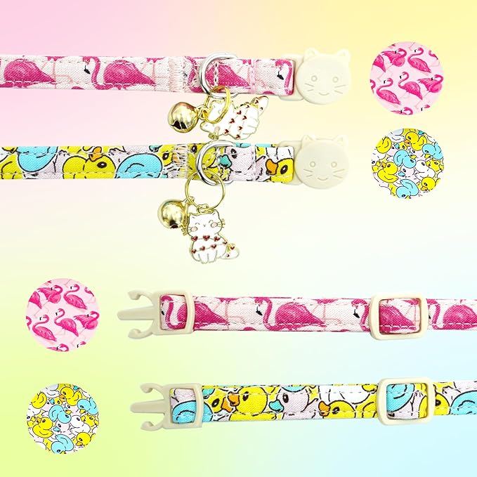 Elegant little tail 2 Pack Cat Collar-Animal Print Cotton Breakaway Cat Collars with Bell Pendant Kitten Boy Girl Safety Adjustable Collar for Small Cats Puppy