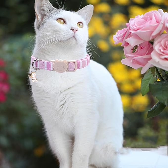 Elegant little tail 2 Pack Cat Collar-Pink Strip Cotton Breakaway Cat Collars with Bell Pendant Kitten Girl Safety Adjustable Collar for Small Cats Puppy