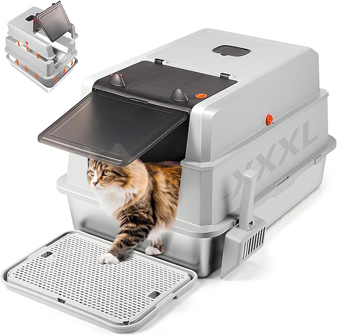 Extra Large Stainless Steel Litter Box with Lid, 28"L x 20"W x 17"H XXXL Enclosed Metal Cat Litter Box with Litter Scoop & Foot Pedal, Odor Control,Easy Cleaning for Big Cats, Multiple Cats