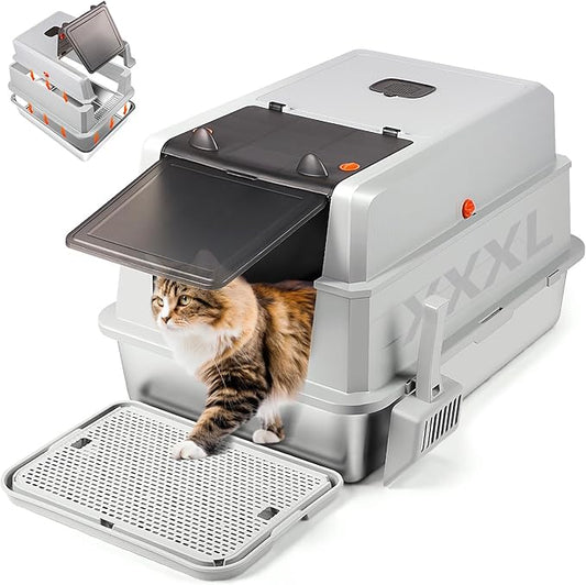 Extra Large Stainless Steel Litter Box with Lid, 28"L x 20"W x 17"H XXXL Enclosed Metal Cat Litter Box with Litter Scoop & Foot Pedal, Odor Control,Easy Cleaning for Big Cats, Multiple Cats
