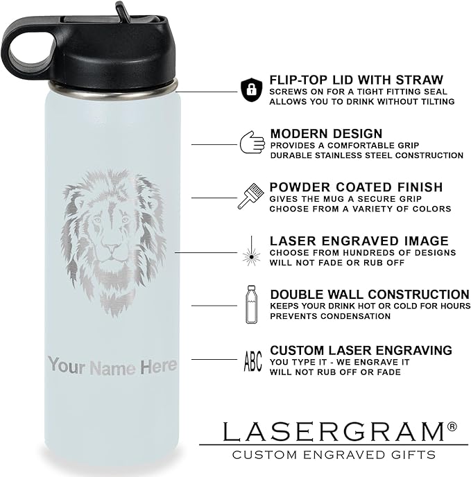 LaserGram Personalized Water Bottle, Dragon, Stainless Steel Double Wall Vacuum Insulated with Flip Top Straw, Custom Engraved Gift (20oz / 590ml Light Blue)