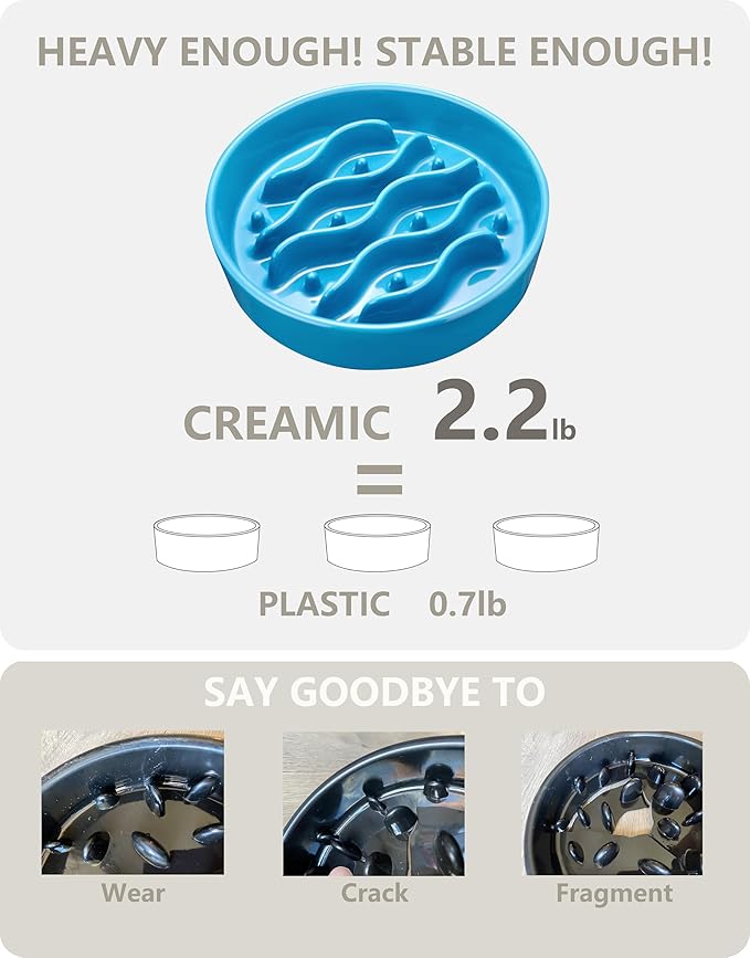 Ceramic Slow Feeder Dog Bowls for Medium and Large Dogs, 2.0 Cups Dog Slow Feeder for Fast Eater, 30oz, 8in, Baby Blue