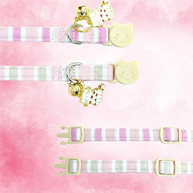 Elegant little tail 2 Pack Cat Collar-Pink Strip Cotton Breakaway Cat Collars with Bell Pendant Kitten Girl Safety Adjustable Collar for Small Cats Puppy