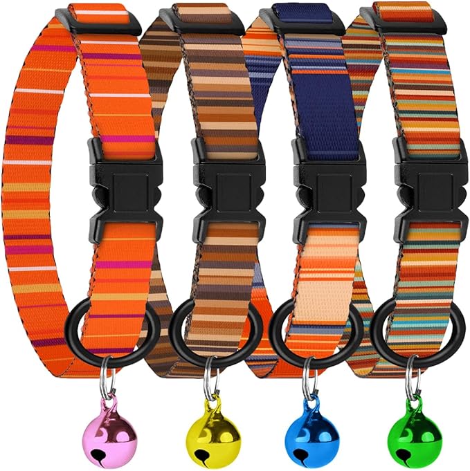4PCS Breakaway Cat Collars with Bell - Cute Soft Adjustable Safety Kitten Collars 4-Pack - Nylon Pet Collars Nature Tribal Striped Floral Space Aztec Flowers Print (Striped)