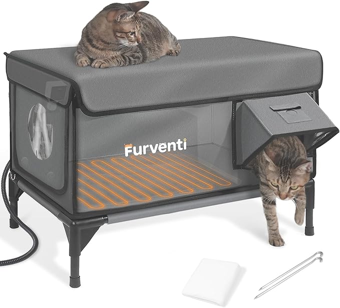 Heated Cat House for Outside,Dual Camera Mounts,100% Weatherproof & Extremely Insulated,Elevated Feral Cat Shelter with Escape Door,Waterproof Eaves for Outdoor Stray Barn Cat(Grey, L with Cam)
