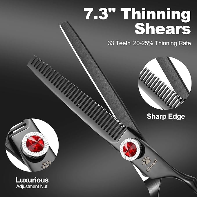 GLADOG 7 Inch Professional Dog Grooming Scissors Kit, 5-in-1 Titanium Coated Pet Grooming Shears Set, Heavy Duty Grooming Scissors for Dogs (Pro Black)
