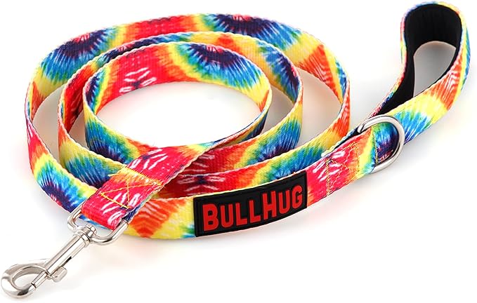 BULLHUG 6 FT Bulldog Leash with Padded Handle. Perfect for Bulldogs, French Bulldogs, Pugs & All Breeds. Leashes for Walking, Training Lead for Bulldogs (Rainbow TIE DYE)