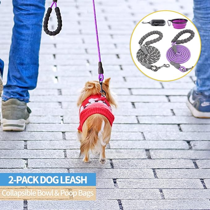 BAAPET 2 Packs 5/6 FT Dog Leash with Comfortable Padded Handle and Highly Reflective Threads Dog Leashes for Small Medium and Large Dogs (5FT-1/3'', Black+Purple)