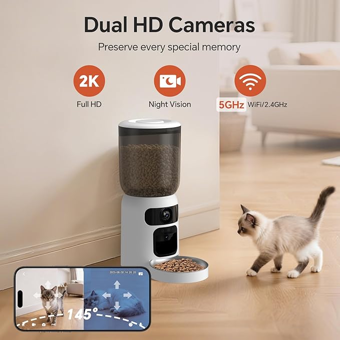 Automatic Cat Feeder with Dual 2K HD Camera, Smart Pet Food Dispenser for Timed Meals, APP Control Laser Interactive Toy Treat Feeders with 2.4G / 5G WiFi, White
