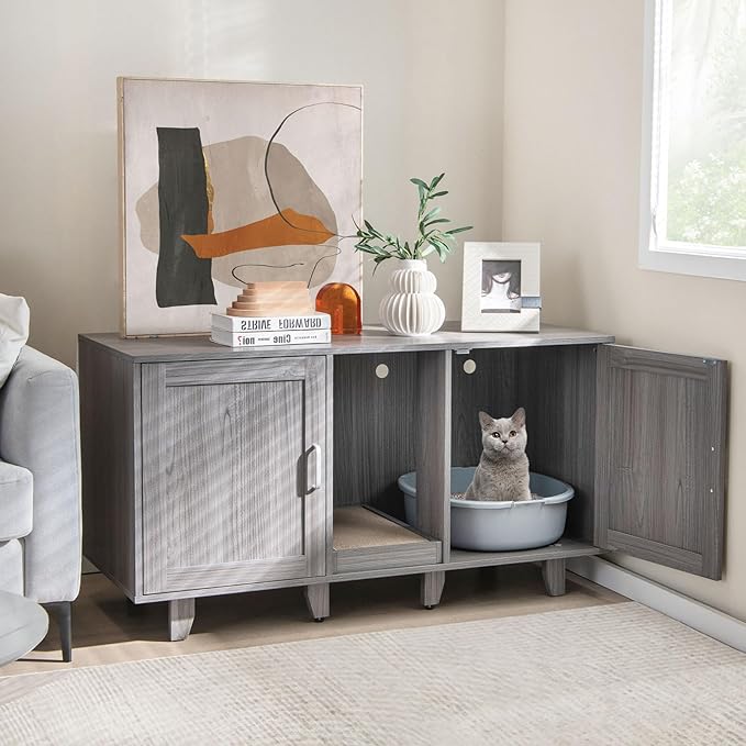 Tangkula Double Cat Litter Box Enclosure for 2 Cats, Large Stackable Hidden Privacy Cat Washroom Cabinet with Scratching Board, Indoor Cat House TV Stand, Litter Box Furniture (Grey Oak)