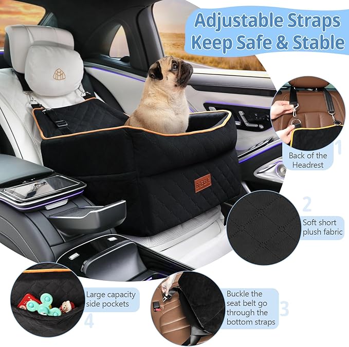 Dog Car Seat for Small Medium Dogs, Memory Foam Dog Booster Seat for Dogs 0-35 lbs, Anti-Slip Pet Seat with 2 Adjustable Leashes, Elevated Dog Travel Bed with Storage Pockets