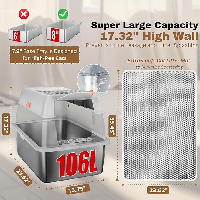 Fully Enclosed XXL Stainlessss Steel Litter Box with Lid, 8" Deep Pan, Large Stainless Steel Cat Litter Box for Big Cat with Scoop, Step Board, Mat, Brush, Odor-Free, Anti-Leak, Non-Stick (Light Gray)