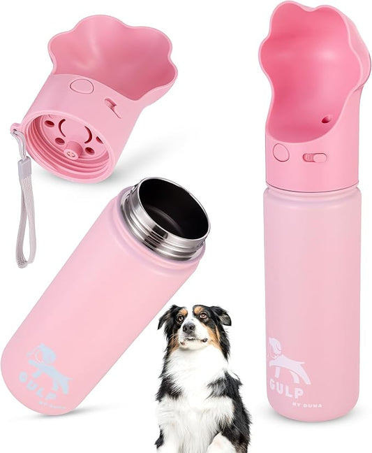 Gulp by Duna 18oz Dog Travel Water Bottle with Paw-Shaped Bowl – Insulated Stainless Steel, Leakproof & Portable with Carry Strap – Outdoor Walking, Hiking & Pet Hydration On-The-Go – Pink