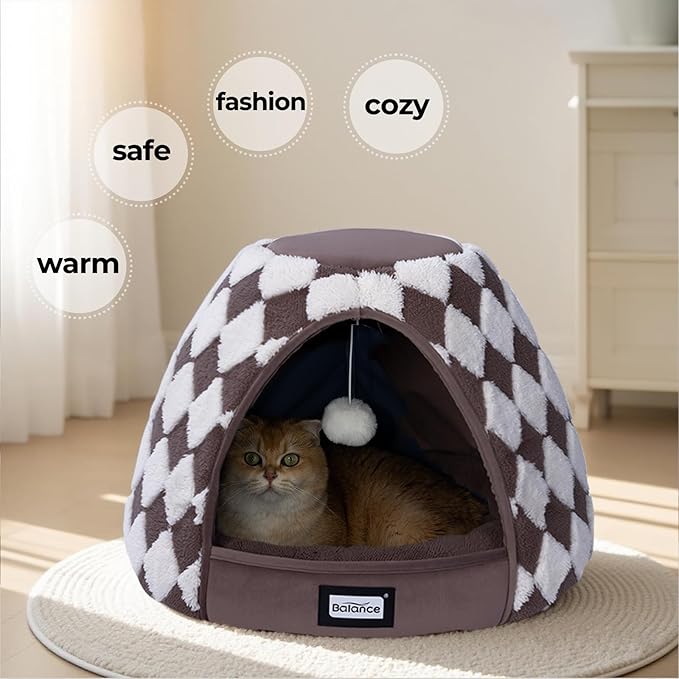 BALANCE Cat Beds for Indoor Cats, 2-in-1 Cat Bed Cave with Anti-Slip Bottom and Ultra-Soft Plush, Cozy Cats House Tent for Kittens and Small Dogs, 19 Inches, Dark Brown