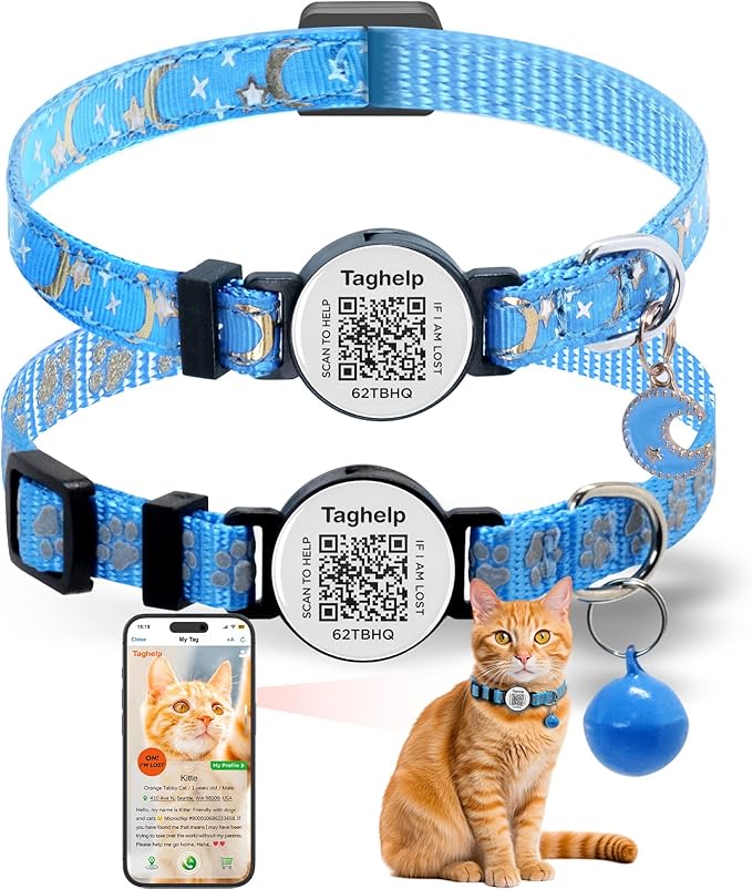 2 Pack Breakaway Cat Collars with QR Code ID Tag - No App Needed Smart Reflective Safety Collar with Silent Bell for All Cats (Blue)