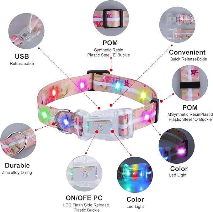 Upgraded Version Light Up Dog Collars,LED Dog Collar Rechargeable Waterproof,2-in-1 Buckle Type Glow Collar for Medium Large Dogs,M(Pink Rose)