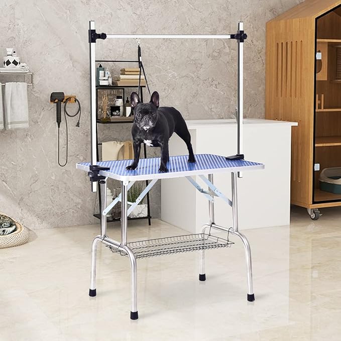 SoarFlash Pet Dog Grooming Table Foldable,Heavy Duty Foldable Pet Grooming Table with Arm & Noose & Mesh Tray, Maximum Capacity Up to 330lbs, 46inch, Blue