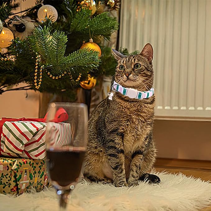 Elegant little tail 2 Pack Cat Collar-Pink Strip Cotton Breakaway Cat Collars with Bell Pendant Kitten Girl Cats Safety Adjustable Collar for Small Cats Puppy