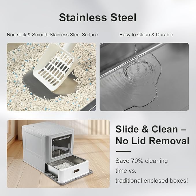 Marchul Enclosed Stainless Steel Cat Litter Box with Lid & Drawer Design for Indoor All Lifestyles Cats, Metal Covered Cat Litter Box, Baffles for Anti-Leakag, with Litter Scoop & Litter Mat