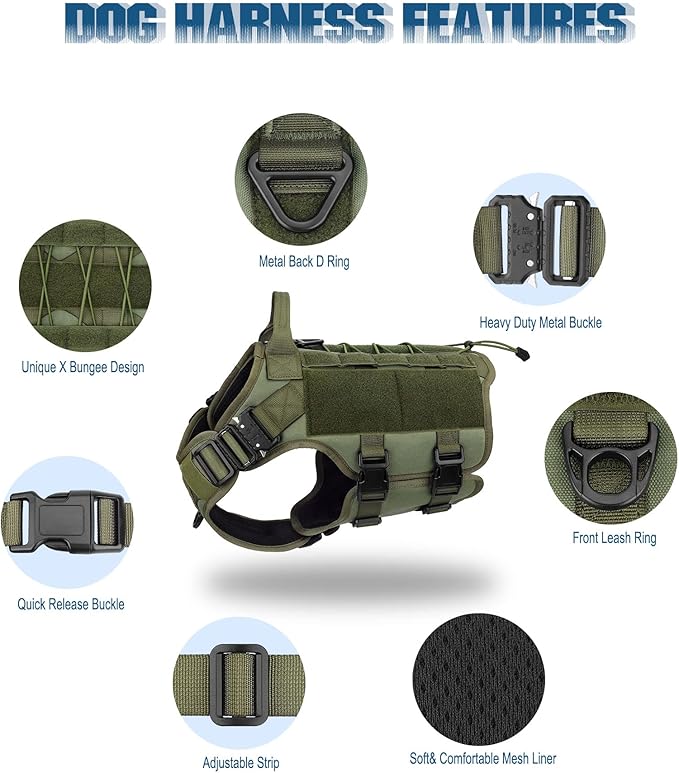 PETNANNY Tactical Service Dog Vest - No-Pull Emotional Support Harness with Hook & Loop Patches & Molle System for Training & Hunting (Green, X-Large)