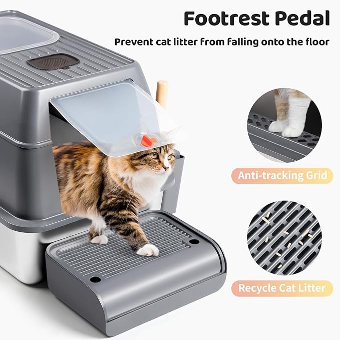 Stainless Steel Litter Box with Lid, XXL 23.6"L x 15.7"W x 15.7"H Large Metal Cat Litter Box Enclosed High Sided Removable Litter Tray with Top Entry, Scoop, Step, Easy Cleaning (Dark Grey)