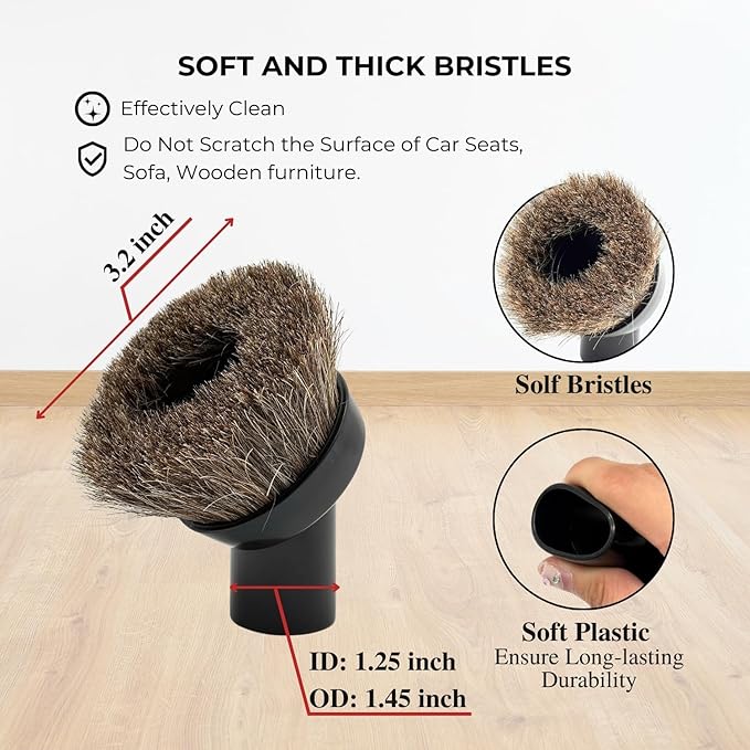 1-1/4'' Vacuum Brush Attachment for Shop Vac Accessories with 2 1/2" to 1 1/4" Adapter : Premium Soft Horsehair Round Dust Brush for Vacuuming Sofas, Furniture Surface and Baseboards