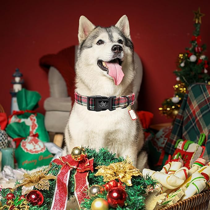 Elegant littlle Tail Christmas Dog Collar, Red Plaid Pet Collars Soft Cotton Winter Dog Collar with Quick Release Buckle Pet Puppy Collars for Small Medium Large Dogs