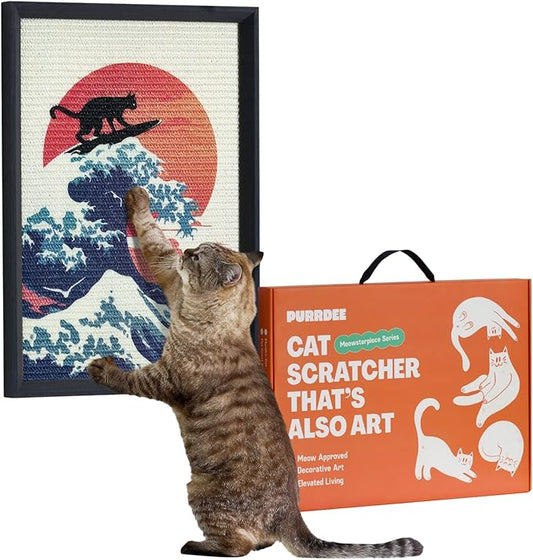 Decorative Wall Art Cat Scratcher for Vertical Scratching, 14"x20" Framed Sisal Scratch Pad Mat with Renter-Friendly No-Drill Wall Mounted Setup, Durable Alternative to Cardboard (The Cat Wave)