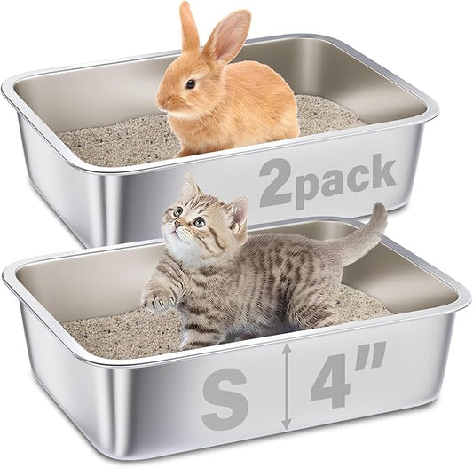 Stainless Steel Cat Litter Box Small,Cat Litter Box for Kitty/Rabbits Easy to Clean,Metal LitterBox for Kitty/Kitten or Bath Pan,Non Stick, No Smell,15.5" L x 11.7" W x 4" H