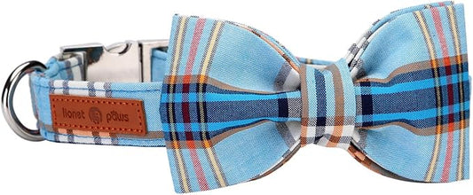 Lionet Paws Boy Dog Collar with Bowtie, Comfortable Adjustable Cute Blue Plaid Bow Tie Collar for Male Dogs Gift, Small, Neck 10-16 inches