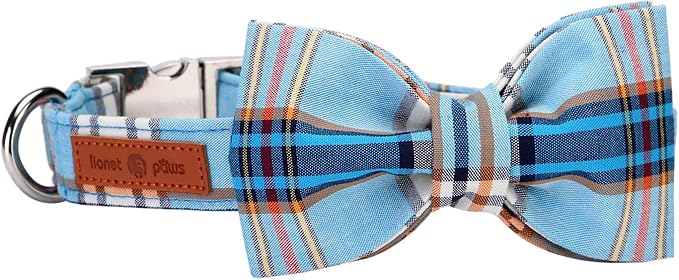 Lionet Paws Boy Dog Collar with Bowtie, Comfortable Adjustable Cute Blue Plaid Bow Tie Collar for Male Puppies and Cats Gift, XS, Neck 8-12 inches