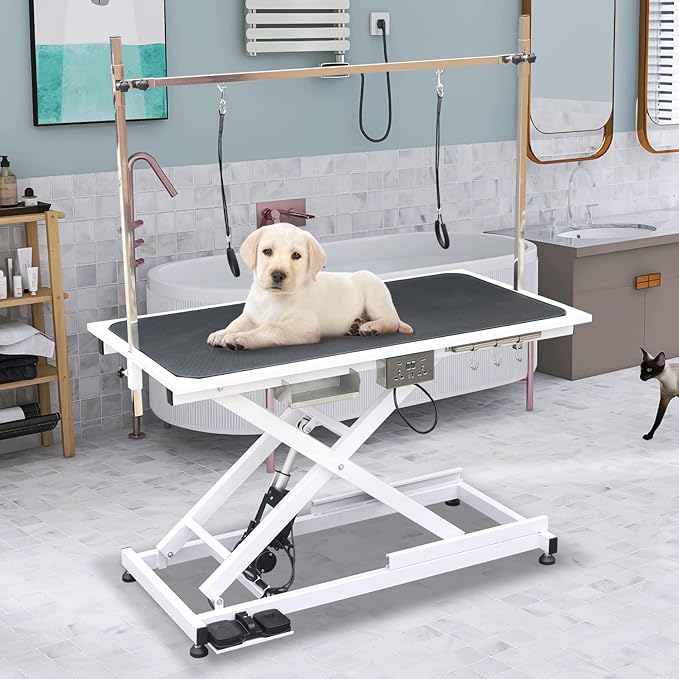 SoarFlash 49.6” Electric Lift Pet Dog Grooming Table,Heavy Duty Electric Grooming Table for Dogs&Cats,Heavy Duty Height Adjustable with Overhead Arm, Clamps, Two Grooming Noose