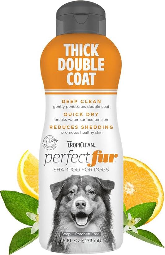 TropiClean Perfect Fur Detangling and Deshedding Dog Shampoo for Breeds with Thick Double Coats, Natural Moisturizing Shampoo, Puppy Safe, 16oz.