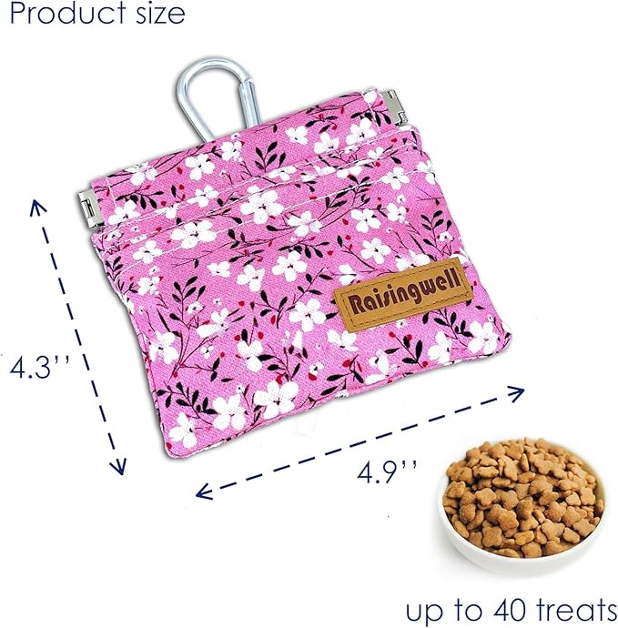 Dog Treat Pouch, Small Cotton Pocket Sized Training Holder, Hand Free Walking Fanny Bag with Carabiner, Self-Closing Pet Feed Snack Reward, Behavior Aids for Puppy Travel or Outdoor Use