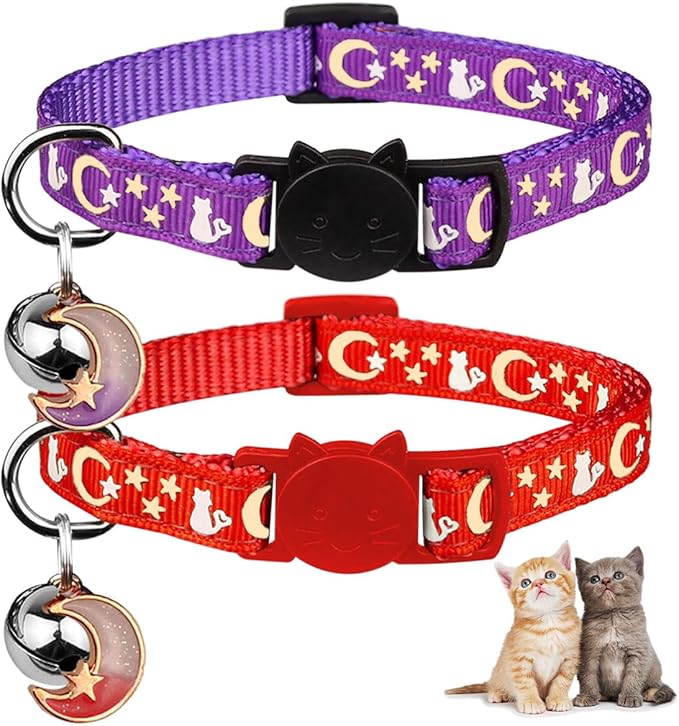 2PCS Breakaway Cat Collars with Bell Cute Kitty Glow in The Dark Adjustable Kitten Collars(Red&Purple)