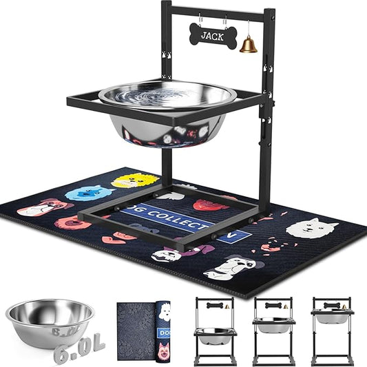 1.6Gallon Elevated Dog Water Bowl for Large Dogs, Height Adjustable (10-17.8in) Raised Stainless Steel Bowl with Spill-Proof Mat & Sturdy Metal Stand, Easy-Clean Feeder for Indoor/Outdoor Use