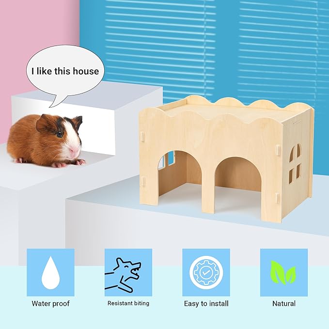 Guinea Pig Hideout, Natural Wooden Chew Proof Hideaway Hut for Small Pets (Wood, Guinea Pig)