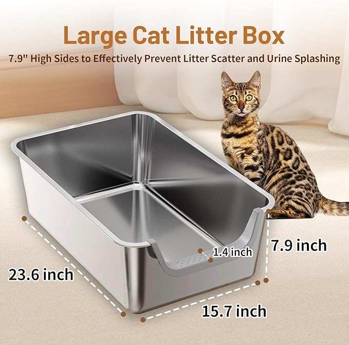 XL Stainless Steel Cat Litter Box, Leak Proof 7.9 Inch High Sides Metal Litter Pan Tray, No Stick No Slip Easy Clean Low Entry Litter Boxes for Older Senior Big Cats, Kittens, 23.6"×15.7", Silver