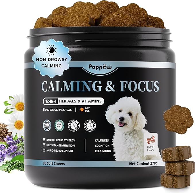 Calming Chews for Dogs – Calming Treats for Anxiety, Stress, Separation, Travel & Thunder, Non-Drowsy Alternative to Melatonin, Calm & Focus with Chamomile & Ashwagandha, Bacon Flavor, 90Ct