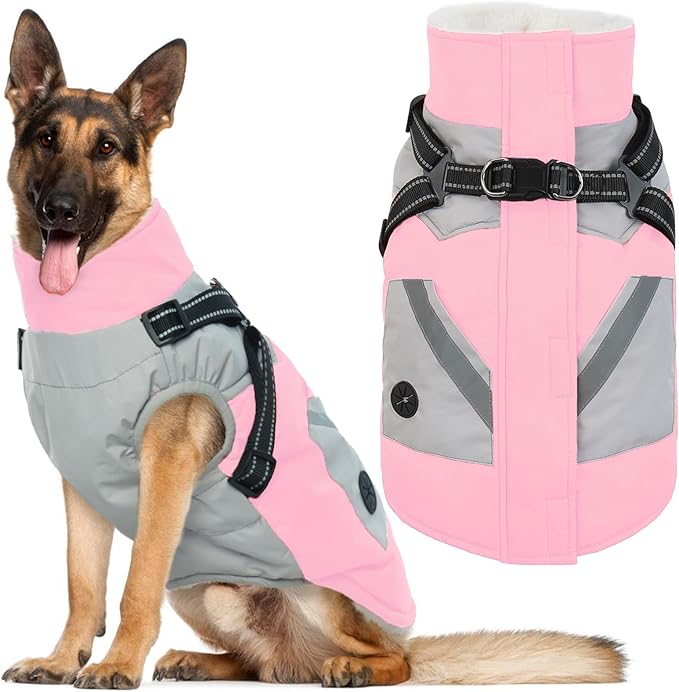 IECOii Dog Coat for Large Dogs Waterproof Dog Winter Jacket with Harness Built in, Pink - XXLarge, Thermal Warm Fleece Lined, Reflective Dogs Jackets for Cold Weather Camping, Hiking, Pitbull