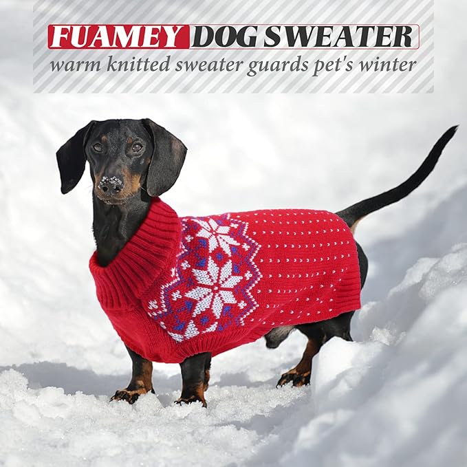 FUAMEY Dog Christamas Sweater, Warm Dog Sweater Classic Snowflake New Year Turtleneck Sweaters Knitwear Cold Weather Dogs Pullover for Small Medium Dogs Puppies & Cats Bulldogs Corgi with Leash Hole