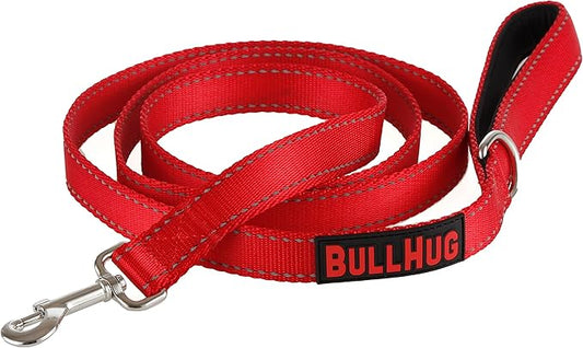 BULLHUG 6 FT Bulldog Leash with Padded Handle. Perfect for Bulldogs, French Bulldogs, Pugs & All Breeds. Leashes for Walking, Training Lead for Bulldogs (Reflective Stitching, Bright RED)
