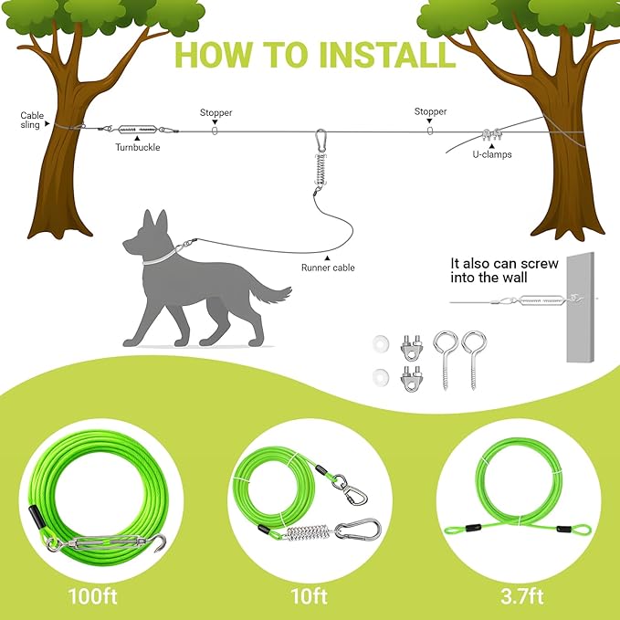 Heavy-Duty Dog Tie-Out Cable Runner System for Yard & Camping, 50/100/120ft with 10/15ft Pulley Line, Supports Dogs Up to 250lbs (Green, 200FT)