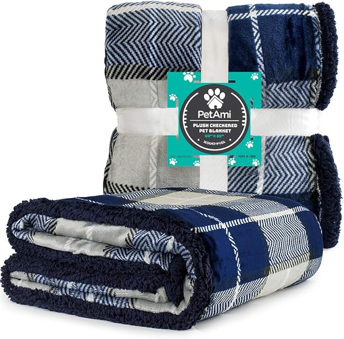 PetAmi Waterproof Dog Blanket for Small Medium Dog Puppy Cat Throw for Couch Cover Leakproof Protection, Sherpa Fleece, Reversible Soft Washable 29x40 Plaid Navy Blue