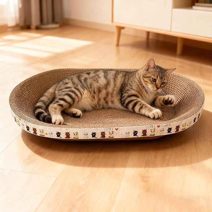 2PCS Large Cat Cardboard Scratcher with Toys, Oval 21.7" x 14.9" Kitty Scratching Board for Indoor Kitten Play Scratch Bed Sofa Furniture Protector