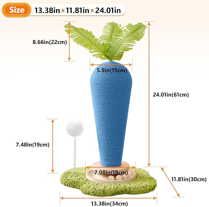 Cute Cat Scratching Post, Carrot Cat Scratcher Post with Durable Natural Wooden Turntable Toy and Catnip, 24'‘ H Blue Carrot Shape Design Sisal Cat Tree Sisal Scratcher for Indoor Cats (Cloud Base)