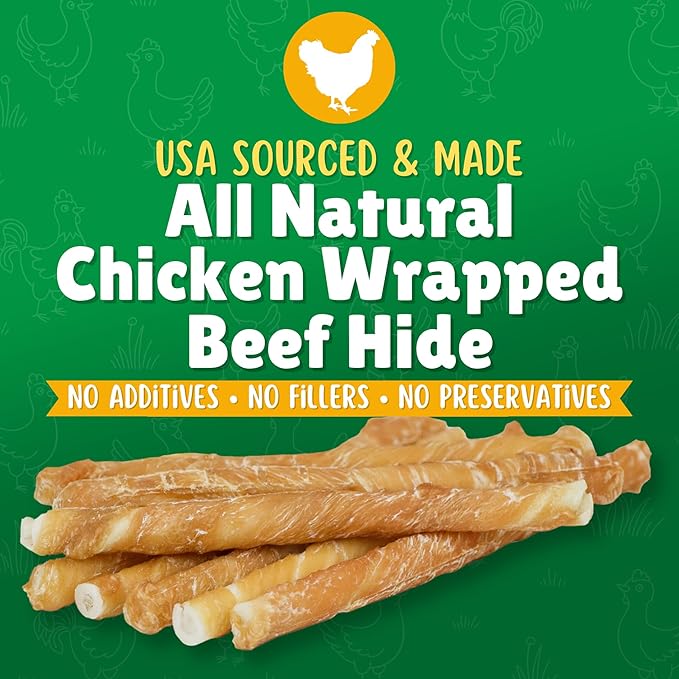 Chicken Wrapped Rawhide Dog Treats – 20ct. Rawhide Chew Sticks – Long Lasting Chews for Small Dogs Made in The USA with Natural Chicken and Beef Hide