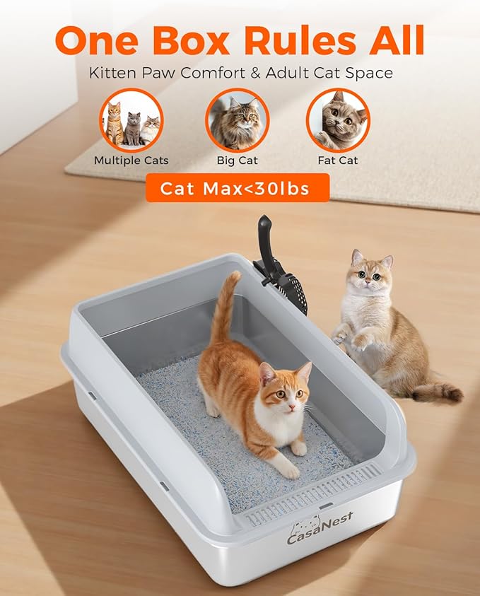 XXXL Stainless Steel Cat Litter Box with Lid 28.1''×20.5'' × 10.1” Extra Large Metal Cat Litter Box for Big, Multi Cats, Anti-Leakage & Non-Stick Metal Pan, Easy to Clean, Durable (Light Grey