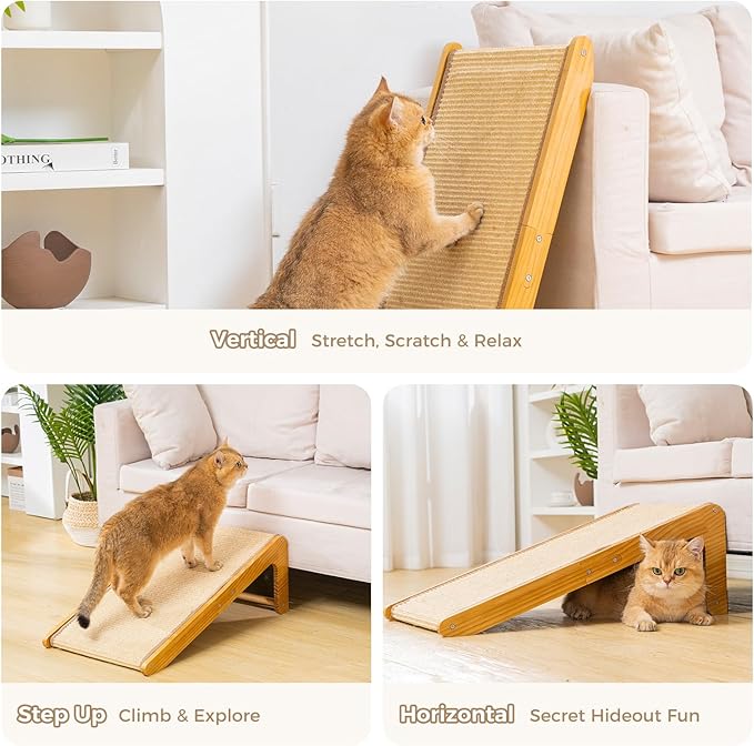 Avont Sisal Cat Scratcher, 25.6 Inch Vertical L Shape Scratching Board with 110° Angled Ramp, Natural Solid Wood with No Mess Scratch Pad for Indoor Cats -Large