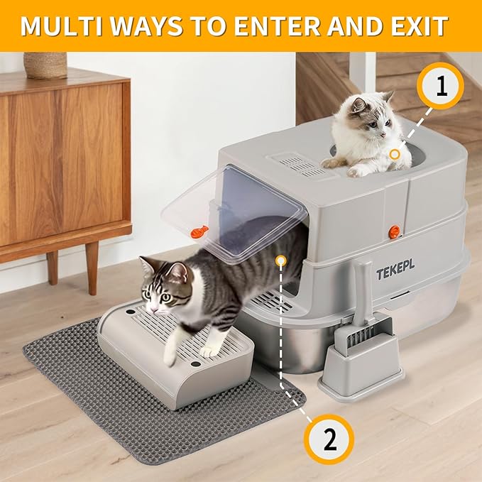 Stainless Steel Cat Litter Box with Lid, Extra Large Cat Litter Box for Large Cat, Metal Litter Pan with High Sided Enclosed and Scoop, Front & Top Entry, Anti-Leakage, Easy to Clean, Grey